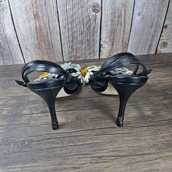Larroudé Black Leather Floral Daisy Fiore Heel Sandals Women's Sz 6.5 (READ) - Picture 4 of 13